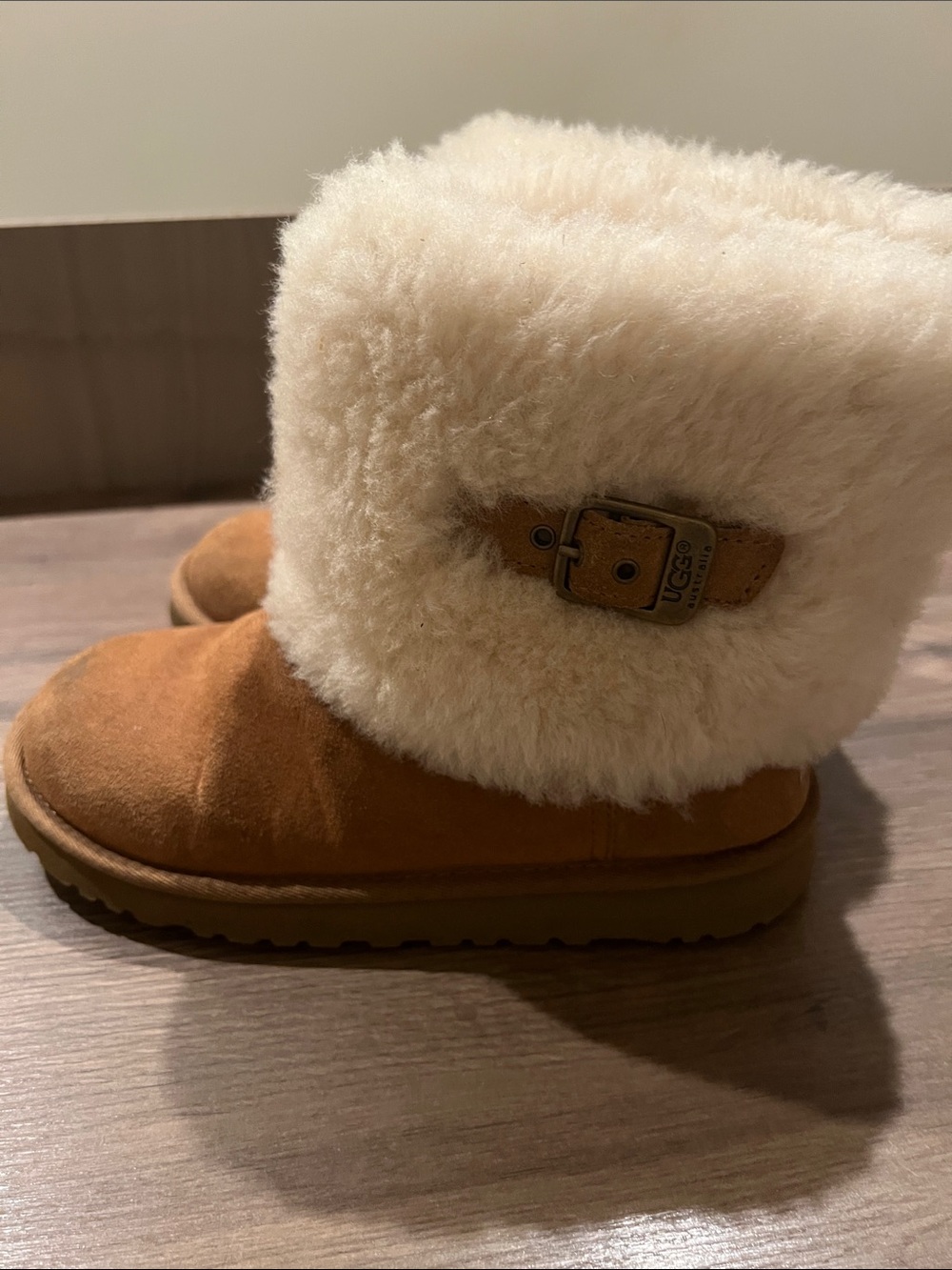 UGG Kids Chestnut Suede Boot with Cream Sheepskin Cuff and Buckle Accent